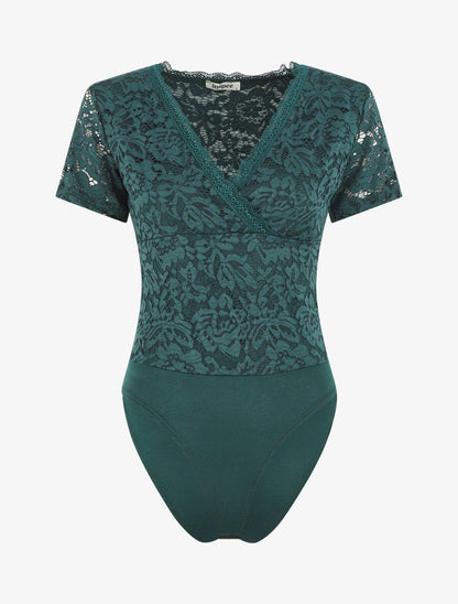 Body manches courtes en dentelle - Vert sapin - 1