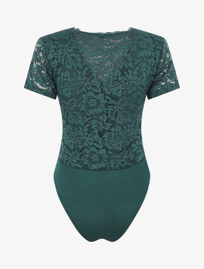 Body manches courtes en dentelle - Vert sapin - 2