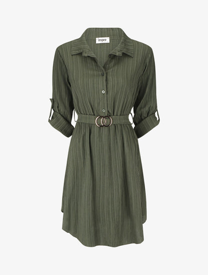 Robe chemise mi-longue texturée - Kaki - 4