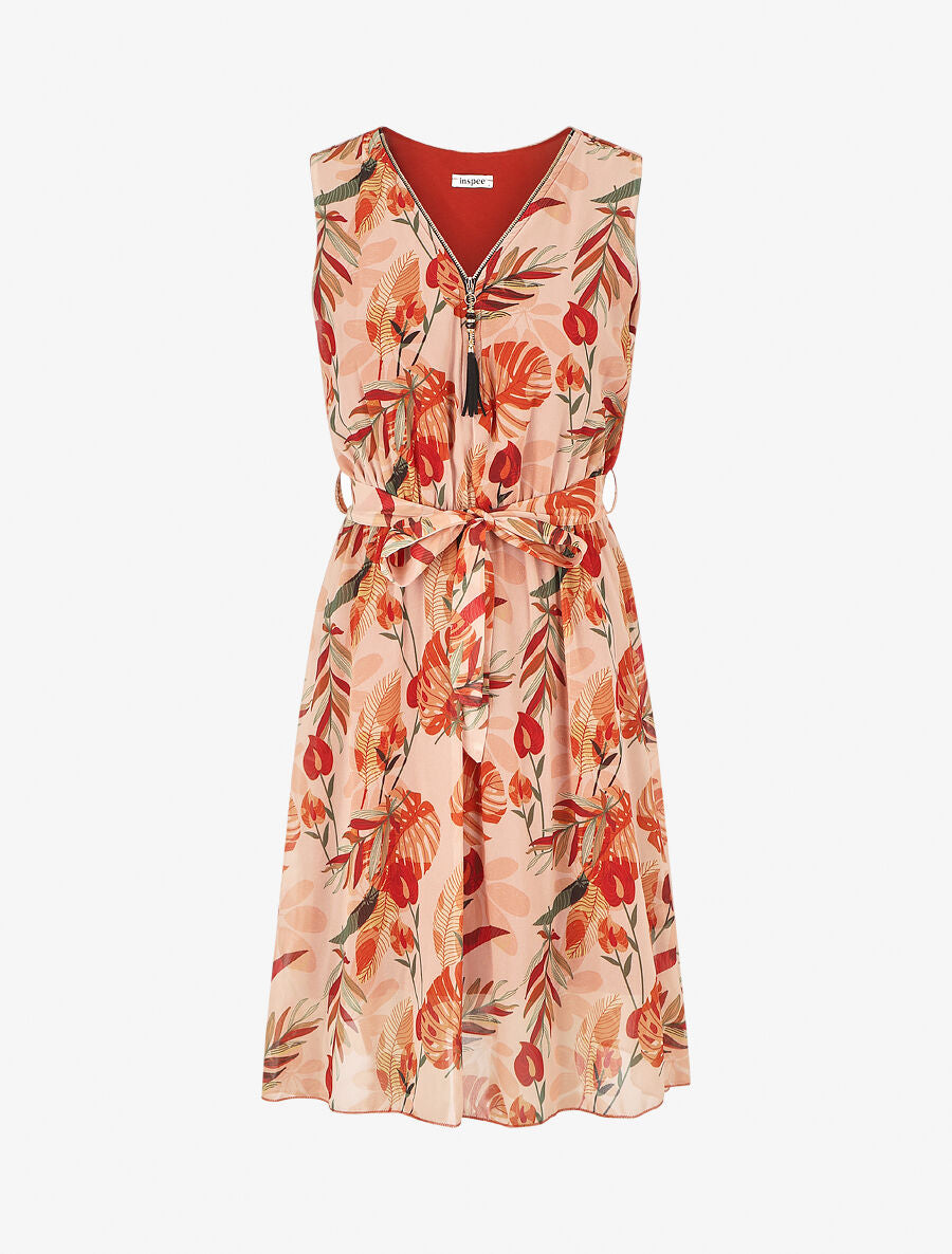 Robe mi-longue imprimé floral - Rouge brique - 1