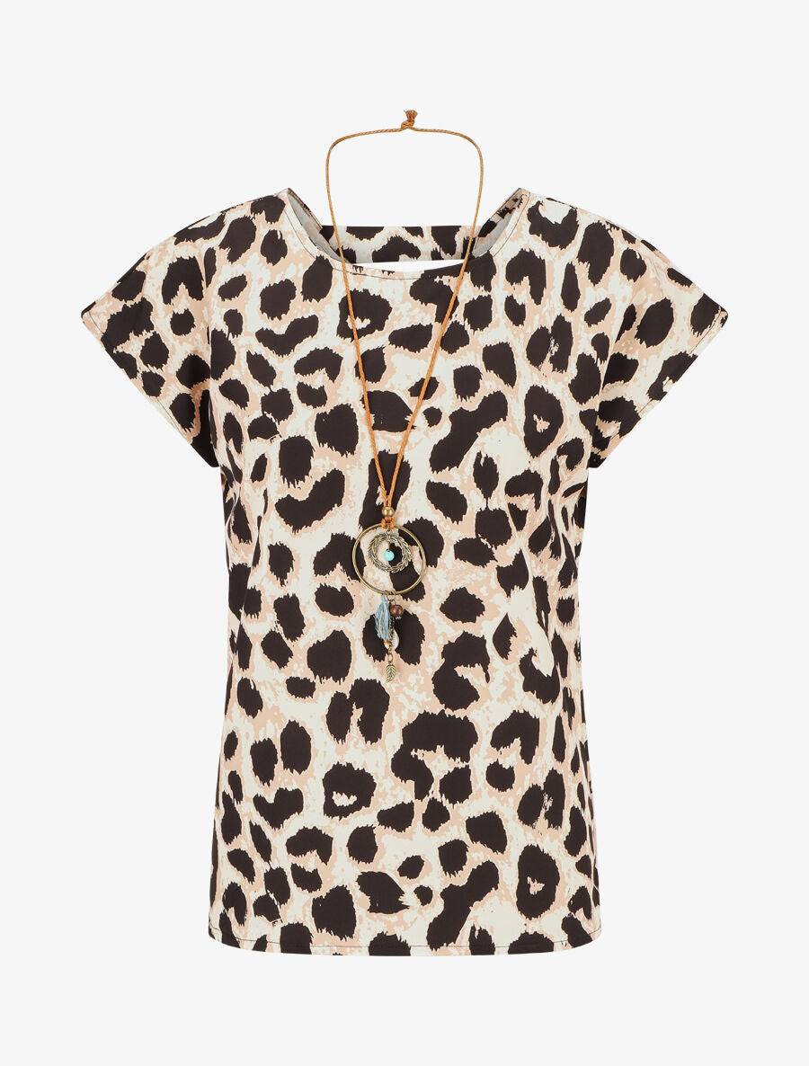 Top manches courtes dos torsadé imprimé léopard - Beige - 1