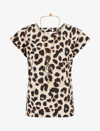 Top manches courtes dos torsadé imprimé léopard - Beige - 1