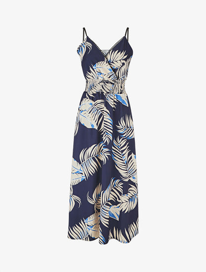 Robe empire imprimé feuilles - Marine - 1