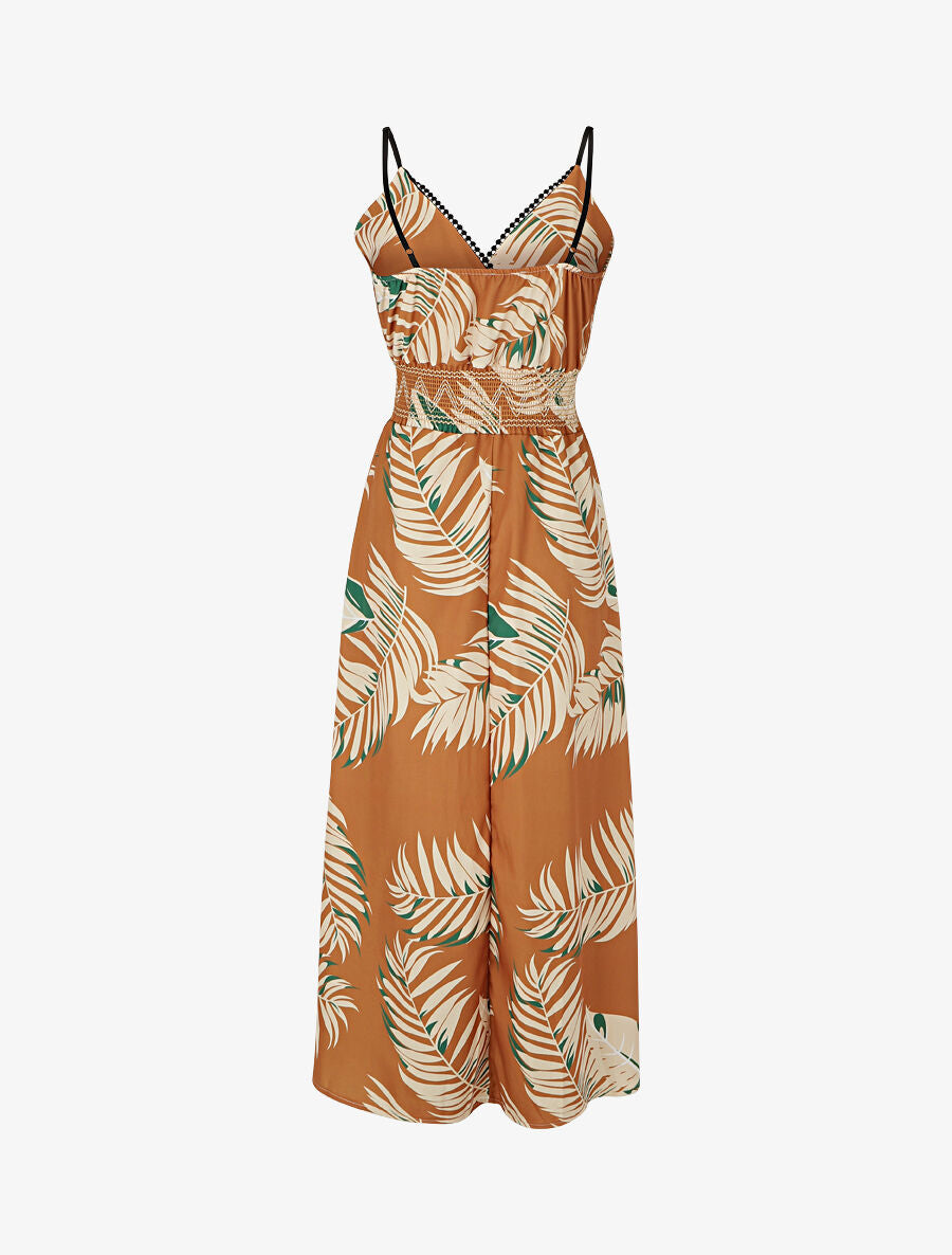 Robe empire imprimé feuilles - Camel - 2