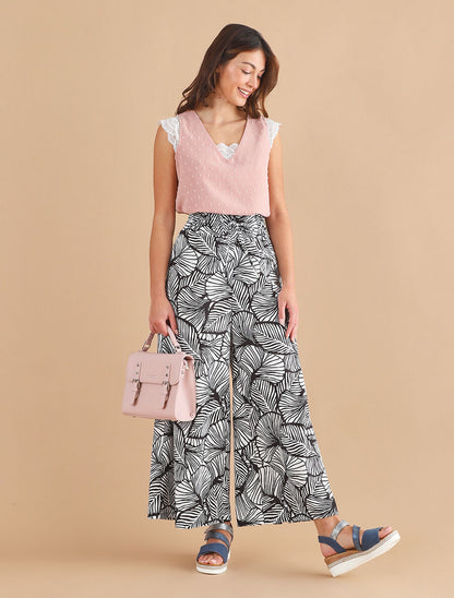 Pantalon ample taille haute imprimé feuilles - Blanc/noir - 4