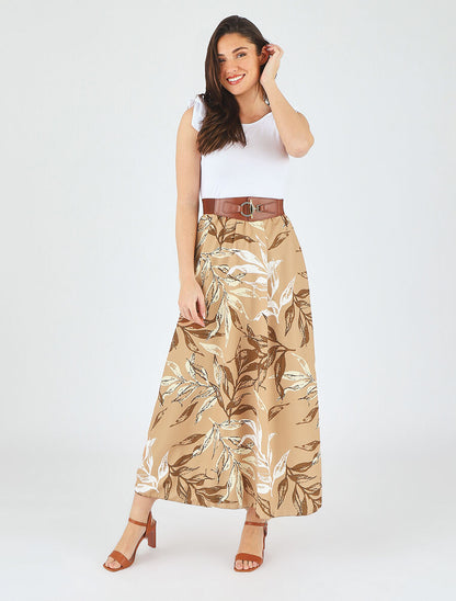 Robe bi-colore à imprimé feuillage - Camel - 4