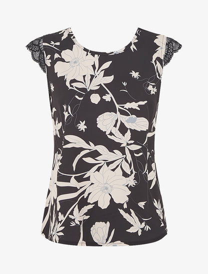 Top imprimé feuilles à détail dentelle - Noir - 1