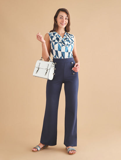 Pantalon uni à boutons décoratifs - Marine - 4
