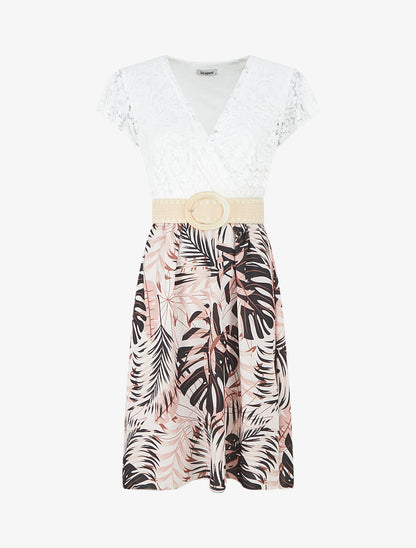 Robe mi-longue à jupe imprimé tropical - Noir - 5