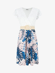 Robe mi-longue à jupe imprimé tropical - Marine - 4