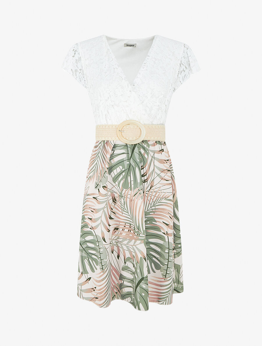 Robe mi-longue à jupe imprimé tropical - Kaki - 1