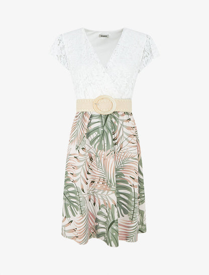 Robe mi-longue à jupe imprimé tropical - Kaki - 1