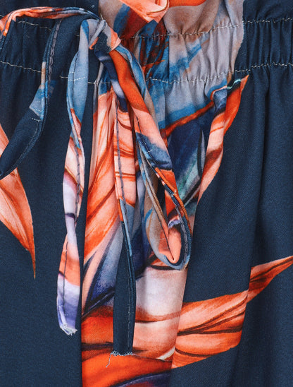 Pantalon ample taille haute imprimé feuilles - Marine - 3