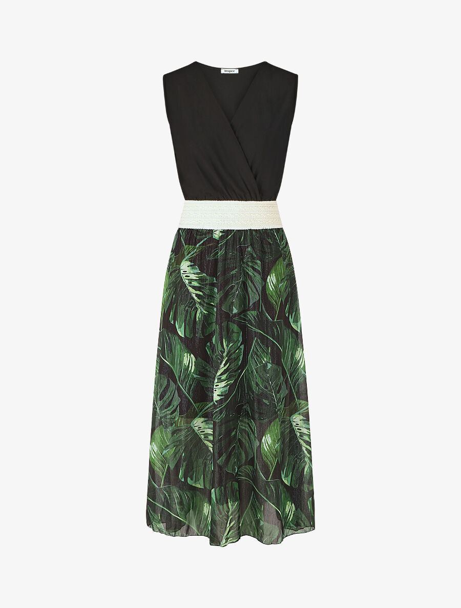 Robe longue bi-matière sans manches imprimé tropique - Noir - 5