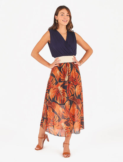 Robe longue bi-matière sans manches imprimé tropique - Marine - 4