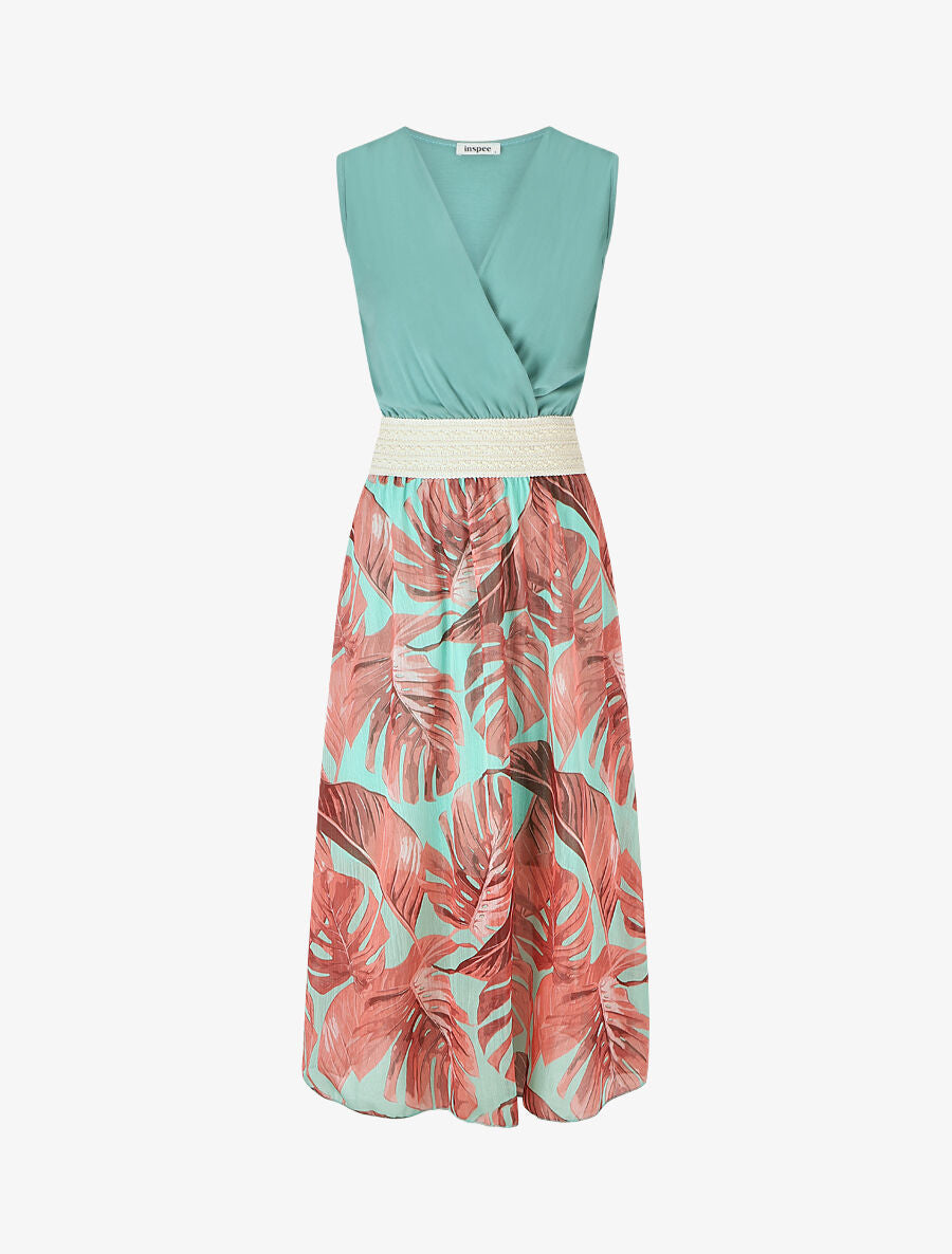Robe longue bi-matière sans manches imprimé tropique - Vert d&