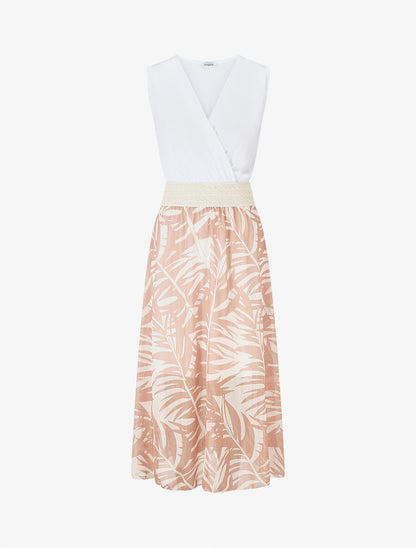 Robe longue bi-matière sans manches imprimé végétal - Beige - 5