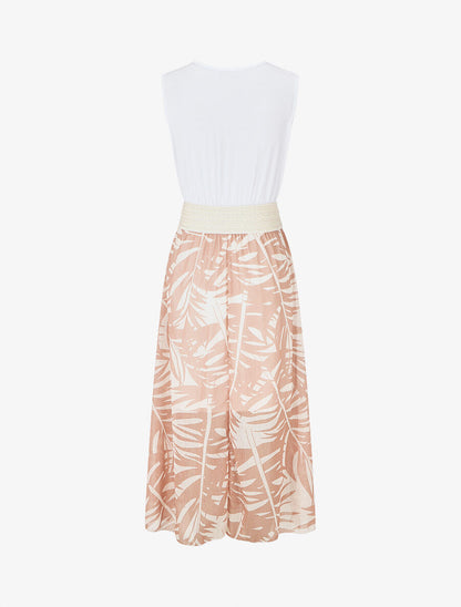 Robe longue bi-matière sans manches imprimé végétal - Beige - 2