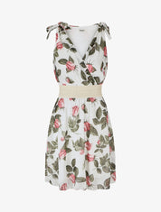 Robe mi-longue sans manches imprimé roses - Blanc - 1