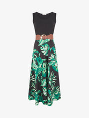 Robe longue évasée bi-matière imprimé tropical - Noir/vert - 1
