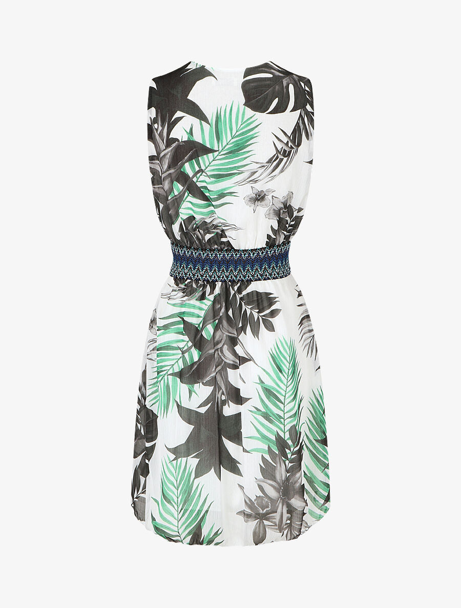 Robe mi-longue sans manches irisée motif tropical - Noir - 2