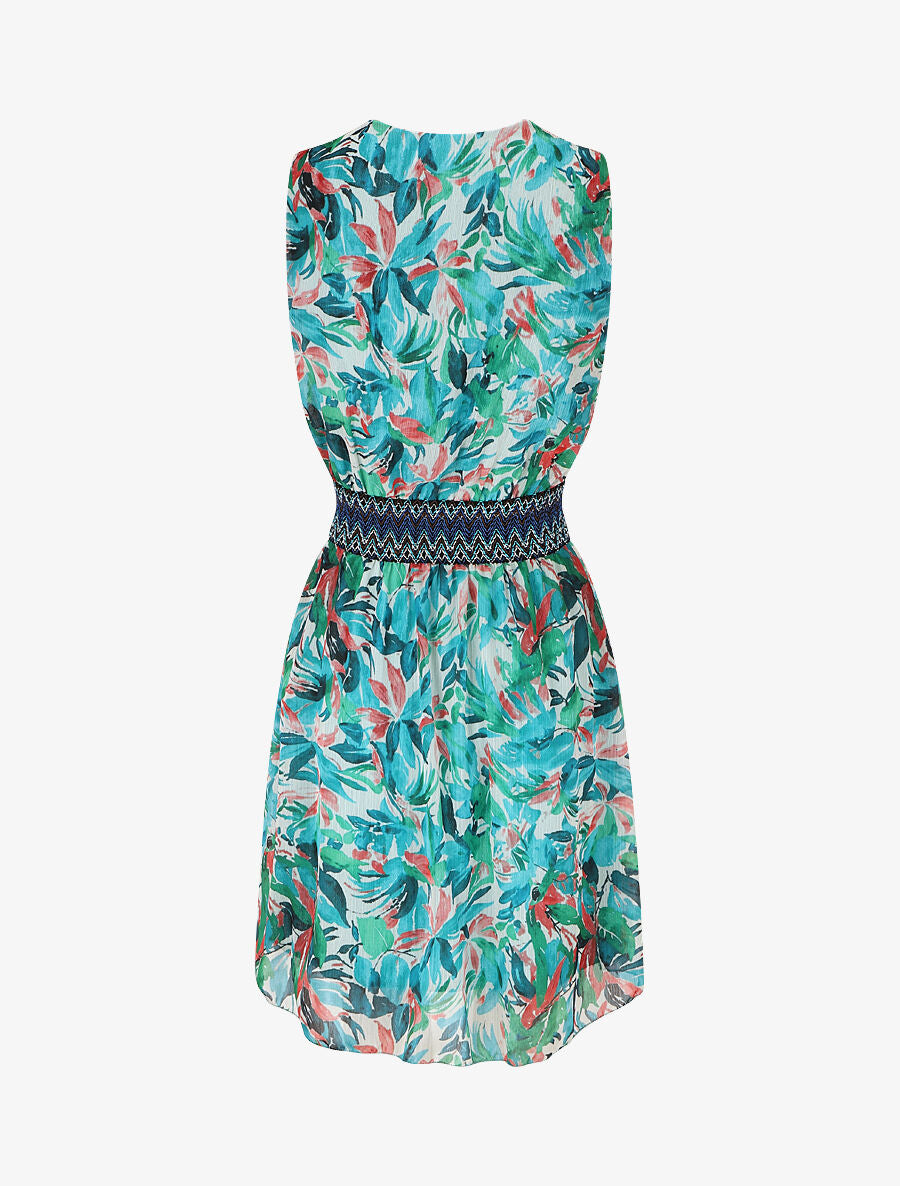 Robe mi-longue sans manches irisée motif végétal - Turquoise - 2