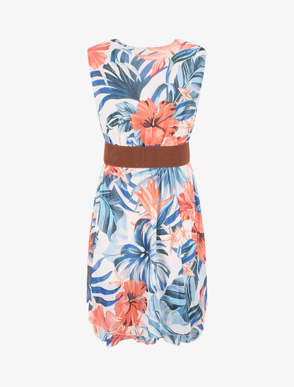 Robe élastiquée sans manches imprimé tropical - Bleu - 2