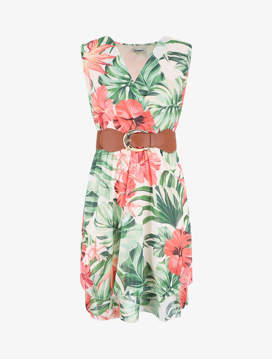 Robe élastiquée sans manches imprimé tropical - Vert - 5