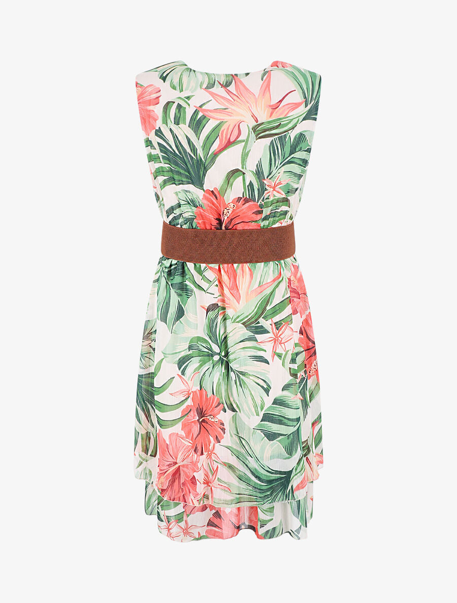 Robe élastiquée sans manches imprimé tropical - Vert - 2