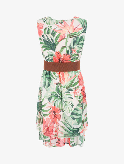 Robe élastiquée sans manches imprimé tropical - Vert - 2