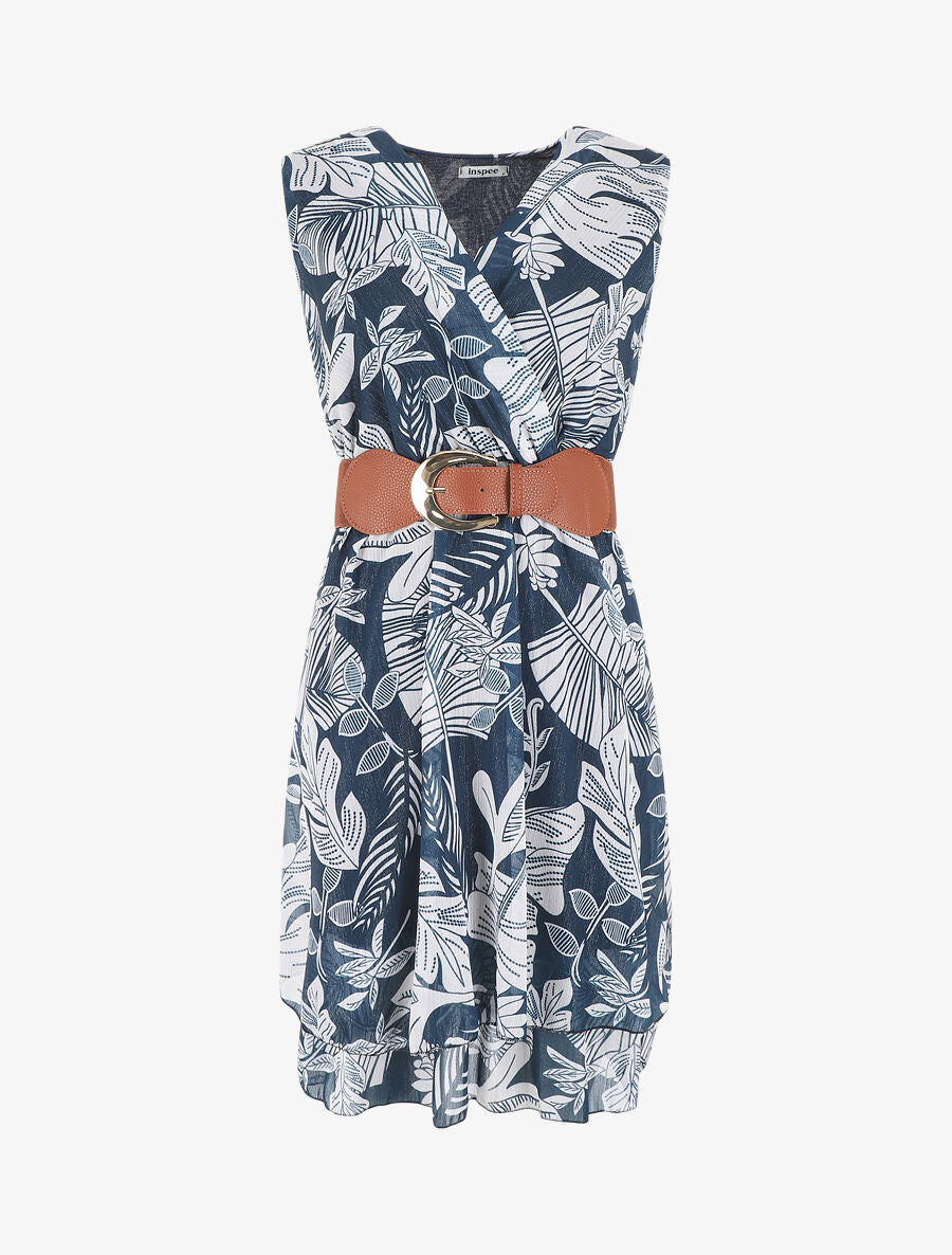 Robe élastiquée sans manches imprimé feuilles - Marine - 1