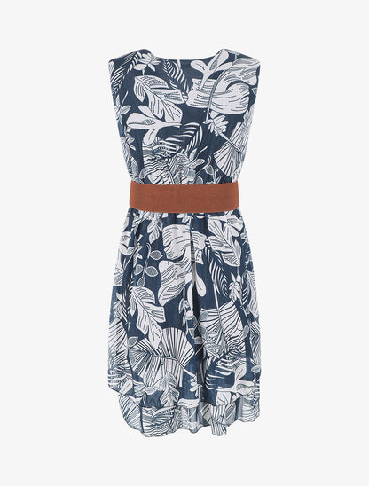 Robe élastiquée sans manches imprimé feuilles - Marine - 2