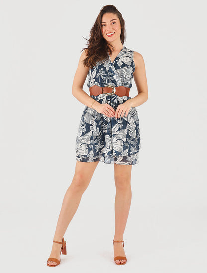 Robe élastiquée sans manches imprimé feuilles - Marine - 4