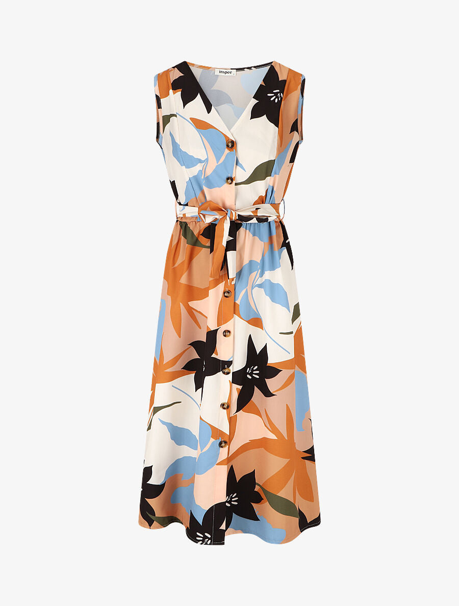 Robe midi droite sans manches imprimé floral - Beige - 5