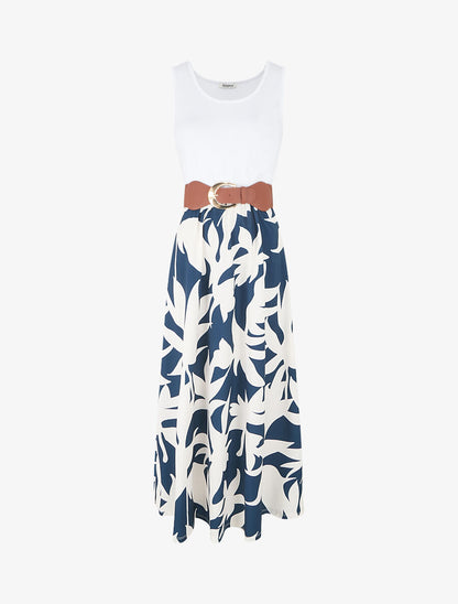 Robe longue à jupe imprimé feuillage - Marine - 6