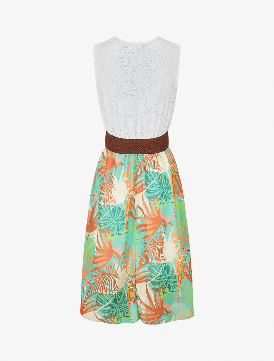 Robe élastiquée à jupe imprimé feuillage - Vert d&