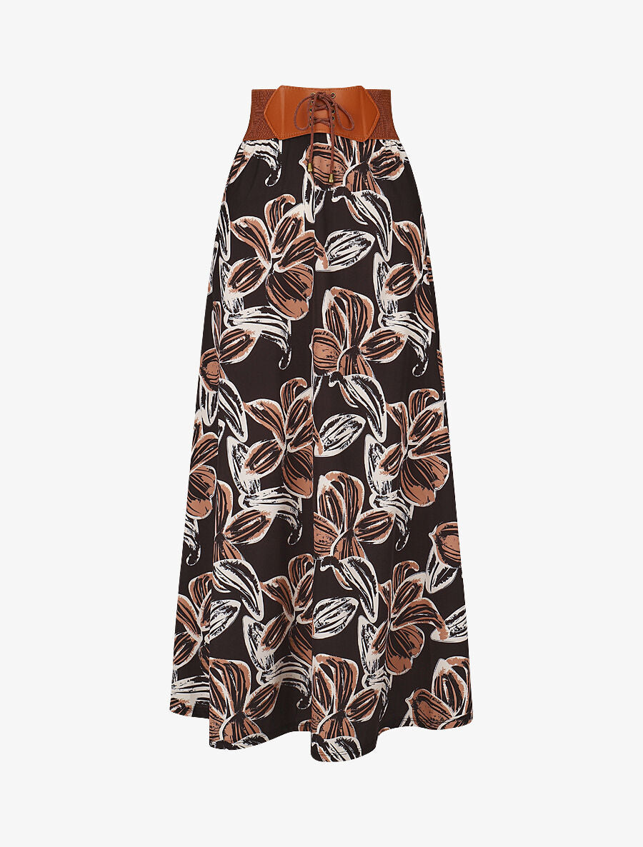 Jupe longue taille haute élastiquée imprimé grandes fleurs - Noir - 4