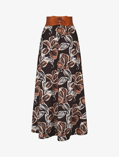 Jupe longue taille haute élastiquée imprimé grandes fleurs - Noir - 4