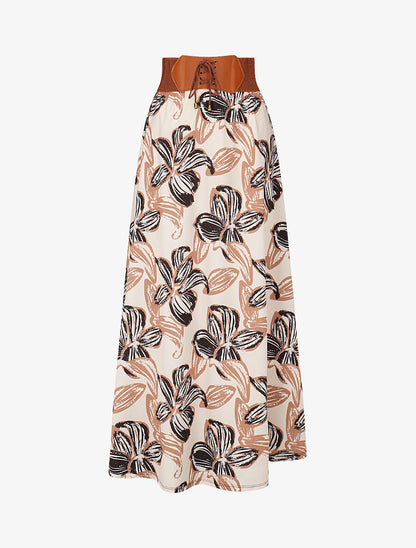 Jupe longue taille haute élastiquée imprimé grandes fleurs - Beige - 1