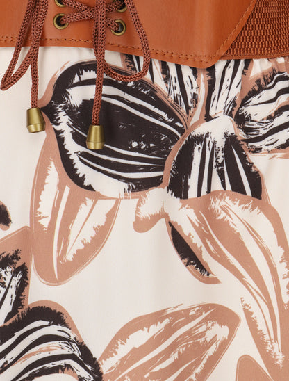 Jupe longue taille haute élastiquée imprimé grandes fleurs - Beige - 3