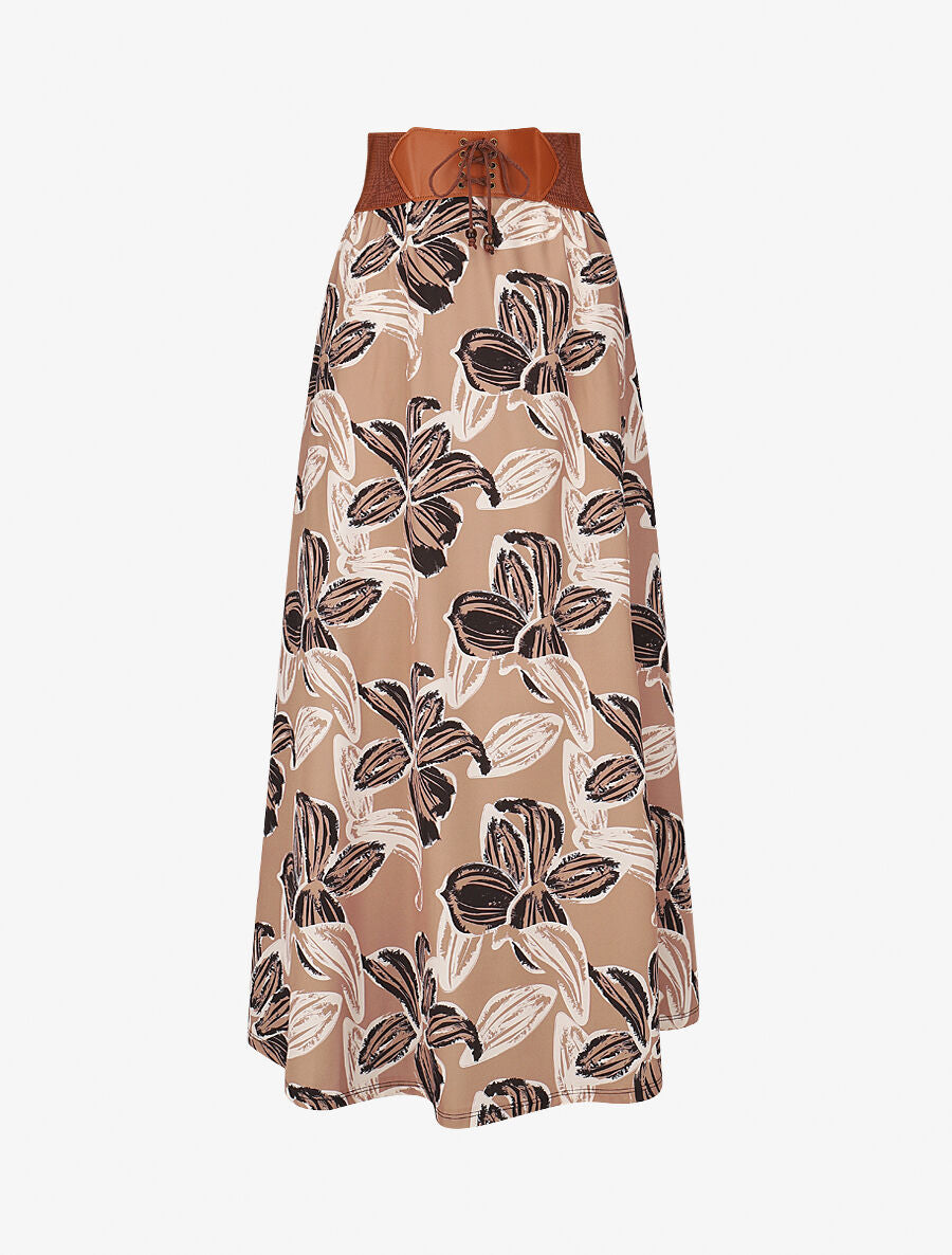 Jupe longue taille haute élastiquée imprimé grandes fleurs - Taupe - 4