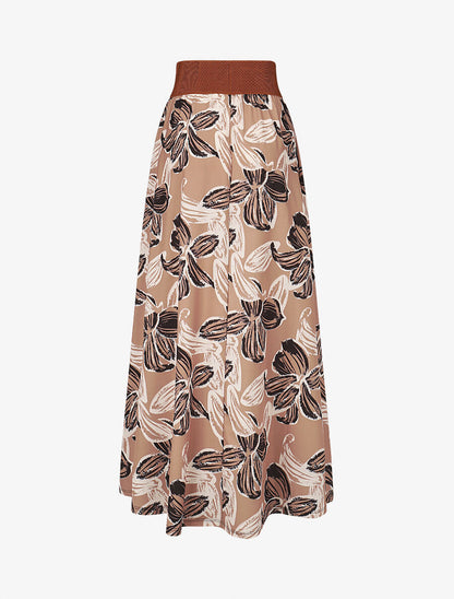 Jupe longue taille haute élastiquée imprimé grandes fleurs - Taupe - 2