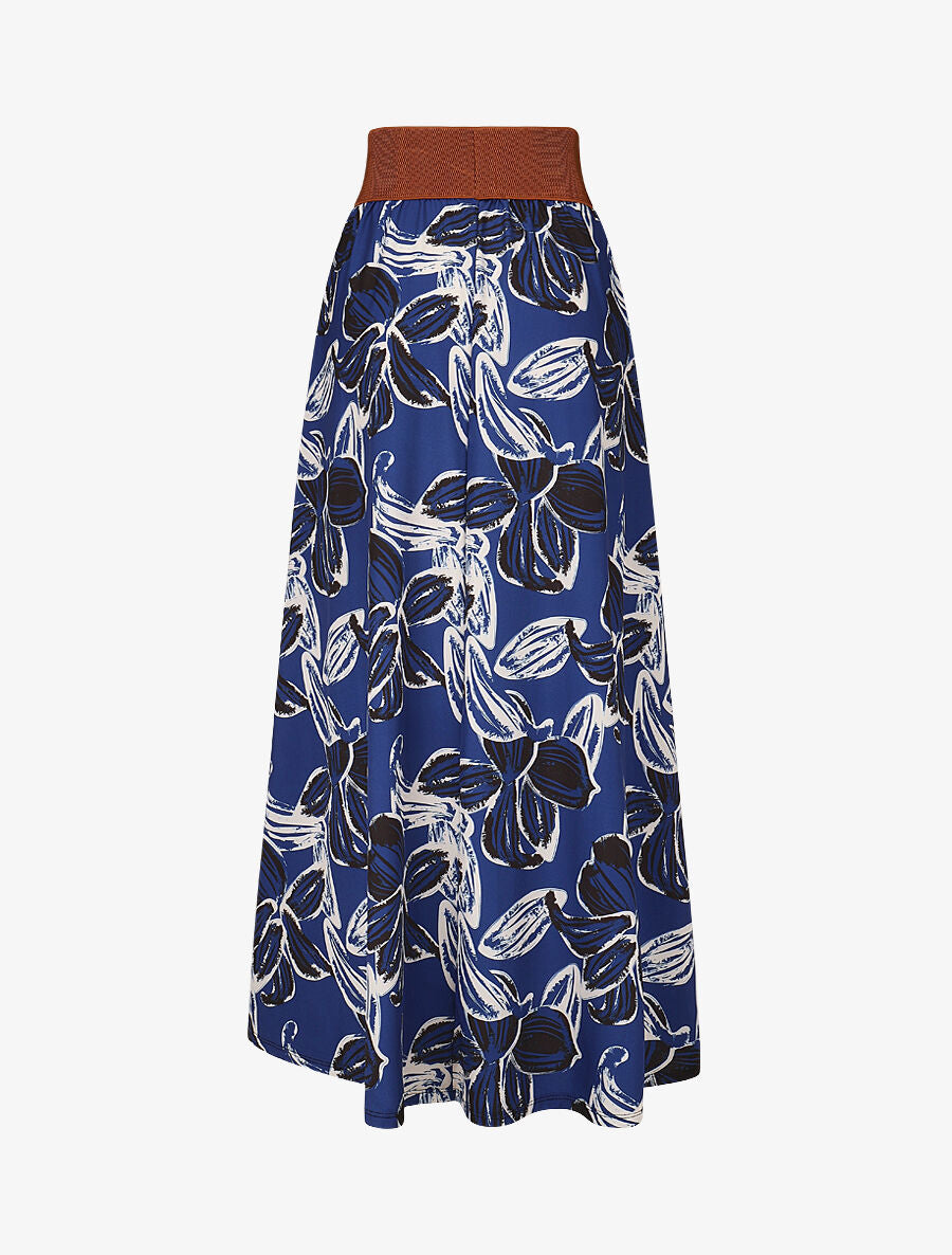 Jupe longue taille haute élastiquée imprimé grandes fleurs - Bleu foncé - 2