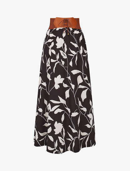 Jupe longue taille haute élastiquée imprimé fleurs abstraites - Noir - 1