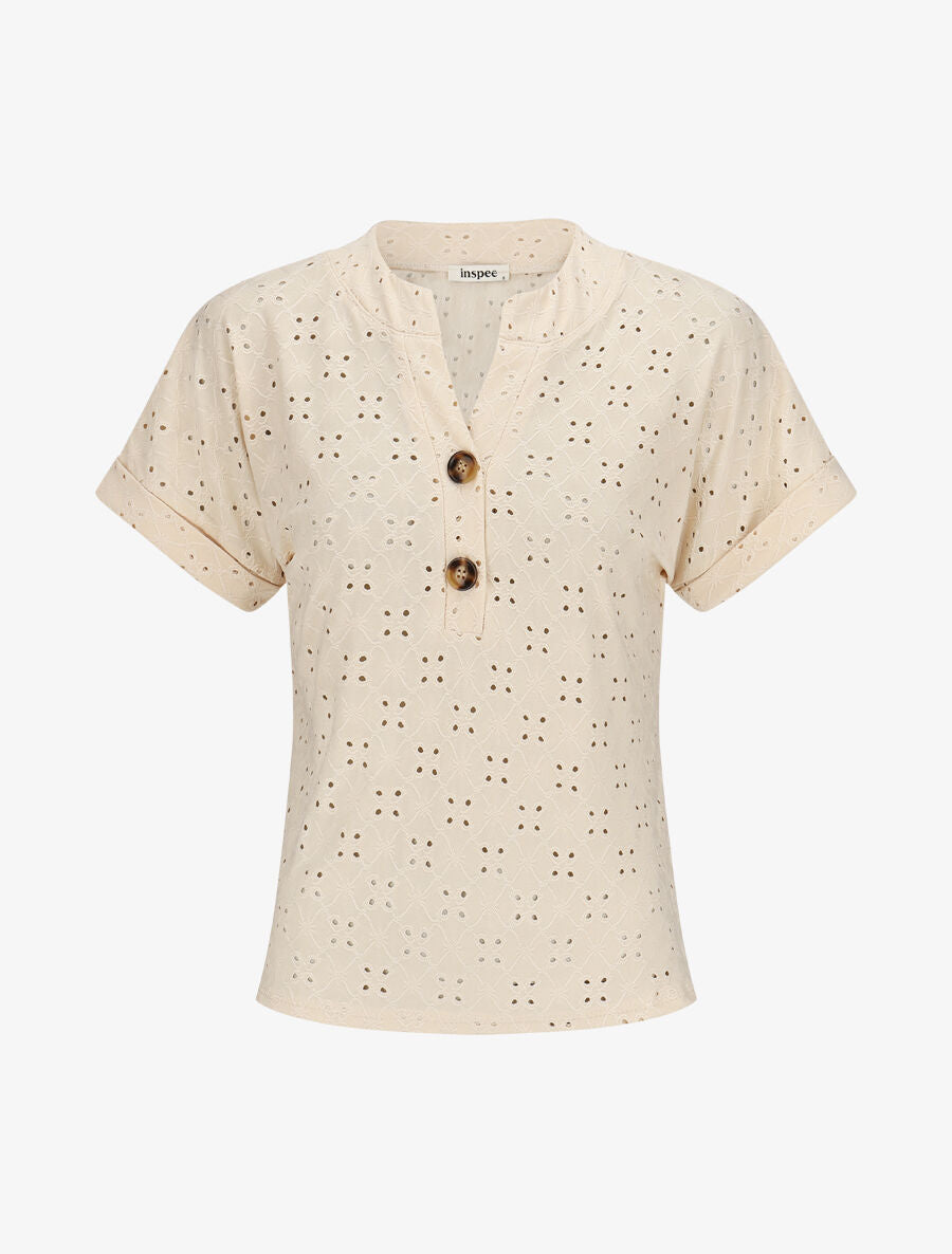 Top uni ajouré à manches courtes - Beige - 4