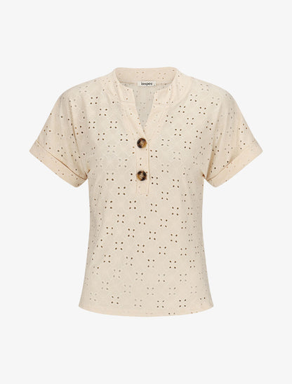 Top uni ajouré à manches courtes - Beige - 4