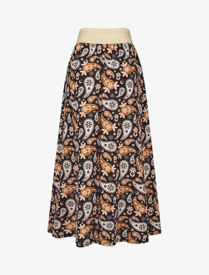 Jupe longue élastiquée imprimé foulard - Noir/camel - 2