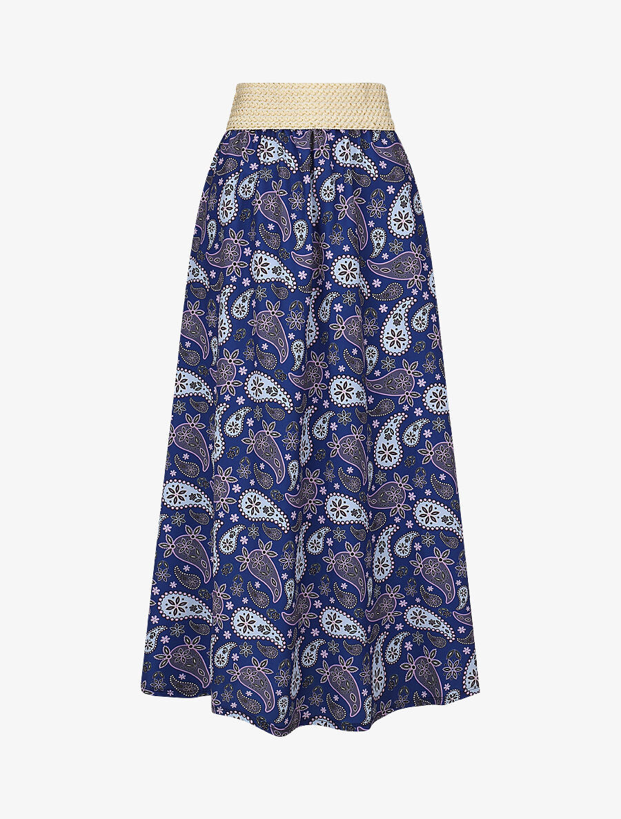 Jupe longue élastiquée imprimé foulard - Bleu roi - 1