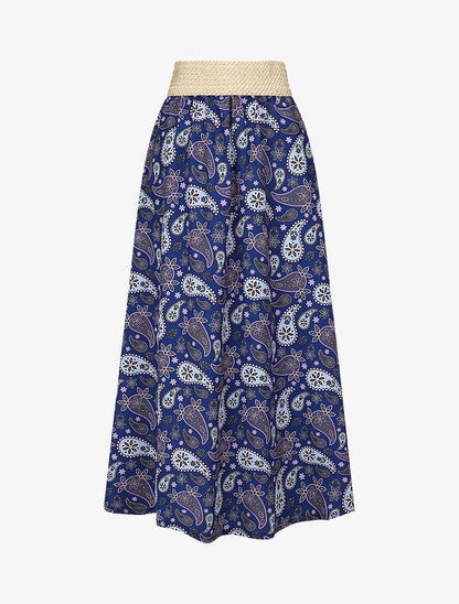 Jupe longue élastiquée imprimé foulard - Bleu roi - 1