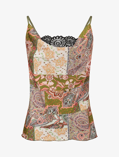 Top imprimé foulard à col bénitier - Kaki - 1